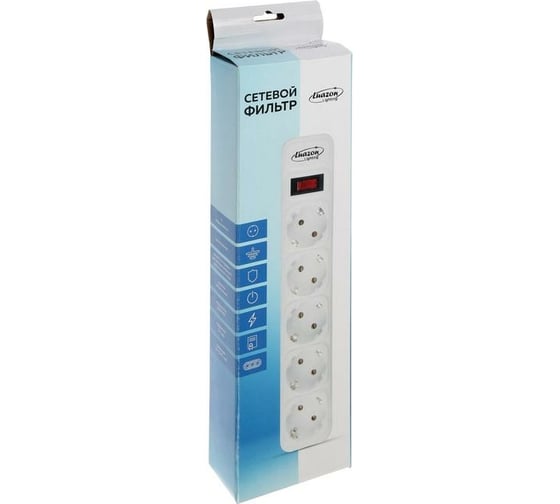Сетевой фильтр LUAZON Lighting, 5 розеток, 0.5 м, 2200 Вт, 3x0.75 мм2, 10 A, 220 В, белый 5353564
