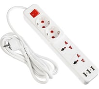 Удлинитель LUAZON Lighting, 2 евро+2 унив.роз., 3 м, 2200Вт, 2x0.5 мм2, 3хUSB, с выкл., Б 5101838