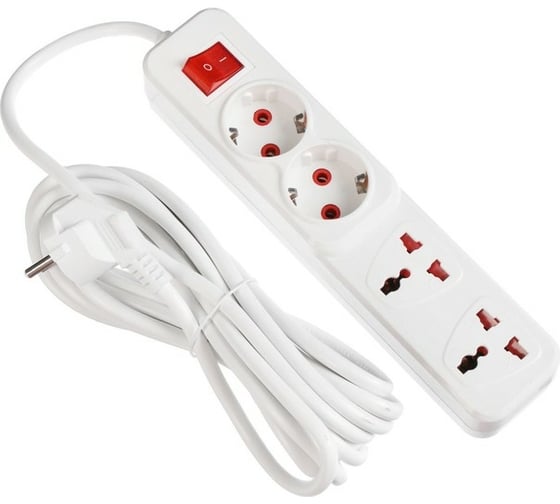 Удлинитель LUAZON Lighting, 2 евро+2 унив.роз., 5 м, 2200 Вт, 2x0.5 мм2, с выкл., белый 5101836