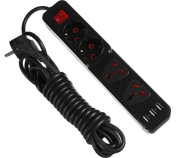 Удлинитель LUAZON Lighting, 2 евро+2 унив.роз., 5 м, 2200Вт, 2x0.5 мм2, 3хUSB, с выкл., Ч 5101841
