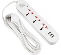 Удлинитель LUAZON Lighting, 3 розетки, 5 м, 10 А, 2200 Вт, 2x0.75 мм2, 3хUSB, с выкл., Б 5101844