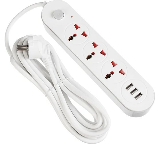 Удлинитель LUAZON Lighting, 3 розетки, 5 м, 10 А, 2200 Вт, 2x0.75 мм2, 3хUSB, с выкл., Б 5101844 1