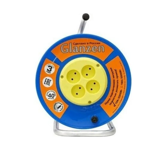 Силовой удлинитель на катушке GLANZEN 4 гн. 40 м ПВС 3x1,5 EB-40-019 00-00006731