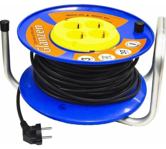 Силовой удлинитель на катушке GLANZEN 4 гн. 30 м ПВС 3x1,5 EB-30-019 00-00006729