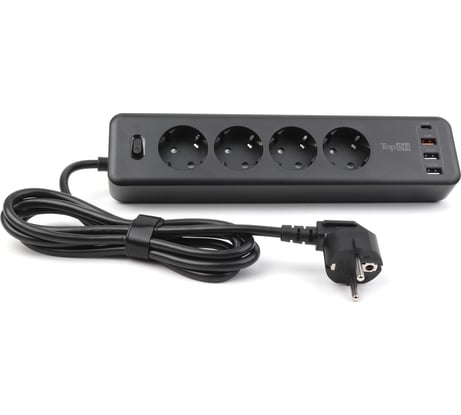 Сетевой фильтр TopOn TOP-PWS4 4 розетки, 3 USB, Type-C, PD 20W QC3.0, 4000W, 3м Черный TOP-PWS4B-3