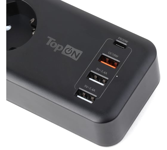 Сетевой фильтр TopOn TOP-PWS4 4 розетки, 3 USB, Type-C, PD 20W QC3.0, 4000W, 3м Черный TOP-PWS4B-3