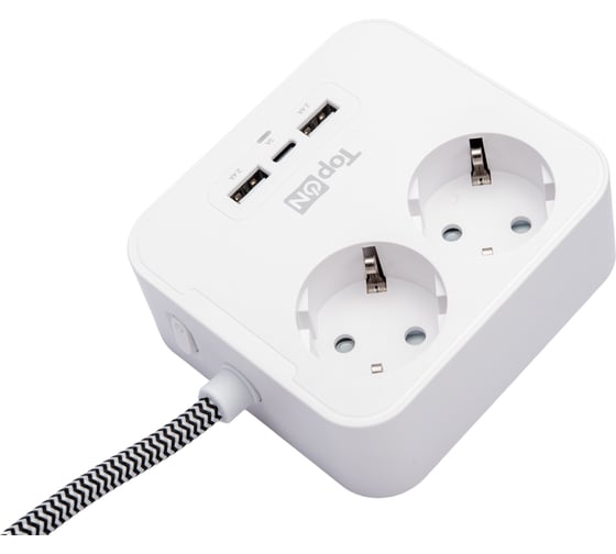 Сетевой фильтр TopOn на 2 розетки с 2 USB-A и USB-C, 4000W, 1.5 м Белый TOP-PWS2