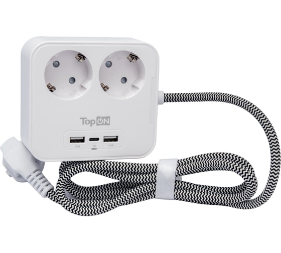 Сетевой фильтр TopOn на 2 розетки с 2 USB-A и USB-C, 4000W, 1.5 м Белый TOP-PWS2