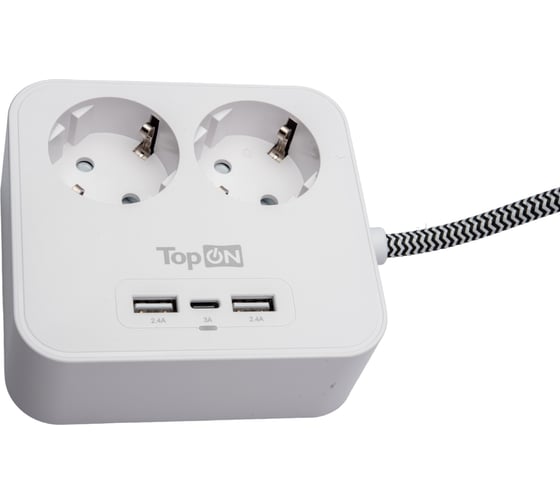 Сетевой фильтр TopOn на 2 розетки с 2 USB-A и USB-C, 4000W, 1.5 м Белый TOP-PWS2
