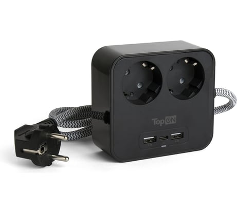 Сетевой фильтр TopOn TOP-PWS2 на 2 розетки с 2 USB-A и USB-C, 4000W, 1.5 м Черный TOP-PWS2B