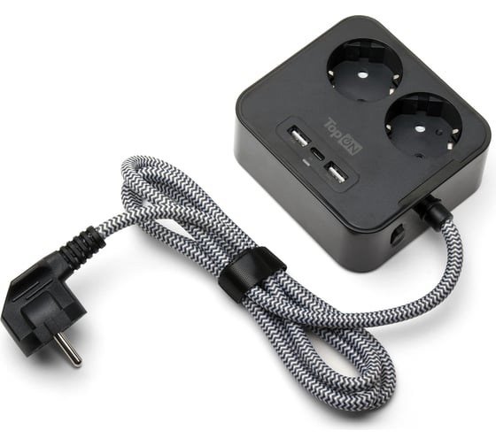 Сетевой фильтр TopOn TOP-PWS2 на 2 розетки с 2 USB-A и USB-C, 4000W, 1.5 м Черный TOP-PWS2B