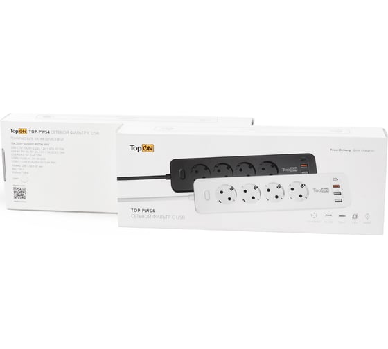 Сетевой фильтр TopOn TOP-PWS4 4 розетки, 3 USB, Type-C, PD 20W QC3.0, 4000W, 3м Белый TOP-PWS4-3