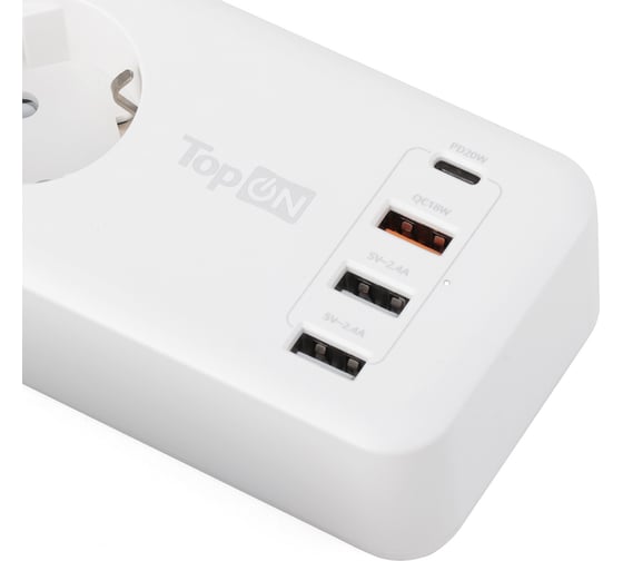 Сетевой фильтр TopOn TOP-PWS4 4 розетки, 3 USB, Type-C, PD 20W QC3.0, 4000W, 3м Белый TOP-PWS4-3