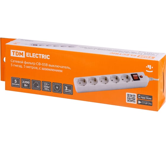 Сетевой фильтр TDM ELECTRIC удлинитель удлинитель с выключателем СФ-05В, 5 гнезд, 5 метров, с заземлением, ПВС 3х0,75мм2 10А/250В белый SQ1304-0018