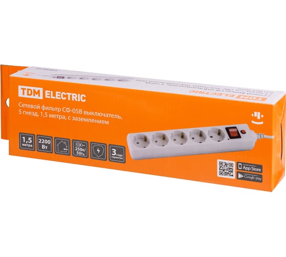 Сетевой фильтр TDM ELECTRIC удлинитель с выключателем СФ-05В, 5 гнезд, 1,5 метра, с заземлением, ПВС 3х0,75мм2 10А/250В белый SQ1304-0016