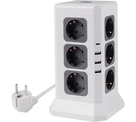 Удлинитель ROCKETSOCKET Tower Extended 12 Euro 16A, 4 USB 3A+C с блоком 5В/3.4А, кабель 2,0 м  цвет белый GNS5004