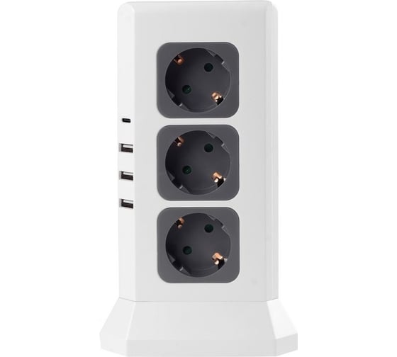 Удлинитель ROCKETSOCKET Tower Extended 12 Euro 16A, 4 USB 3A+C с блоком 5В/3.4А, кабель 2,0 м  цвет белый GNS5004
