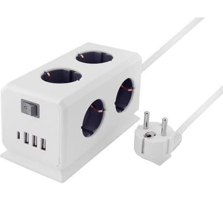 Удлинитель ROCKETSOCKET BiCube Extended 6 Euro 16A, 4 USB 3A+C с блоком 5В/3.1А, кабель 1,5 м  цвет белый GNS5003