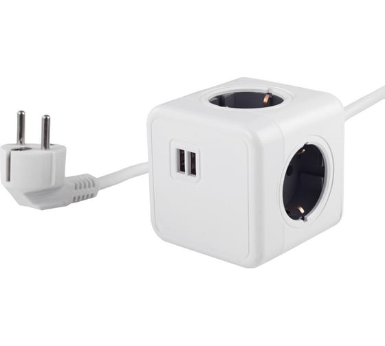 Удлинитель ROCKETSOCKET Cube Extended 4 Euro 16A, 2 USB A с блоком 5В/2.1А, кабель 1,5 м  цвет серый GNS1404 1