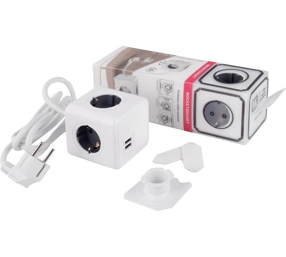 Удлинитель ROCKETSOCKET Cube Extended 4 Euro 16A, 2 USB A с блоком 5В/2.1А, кабель 1,5 м  цвет серый GNS1404