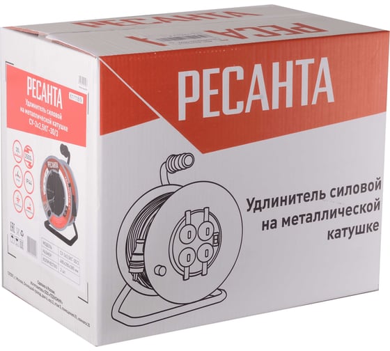 Силовой удлинитель Ресанта на металлической катушке, СУ-3x2,5КГ-30/3 (с выкл., 4 розетки, IP44) 61/118/9