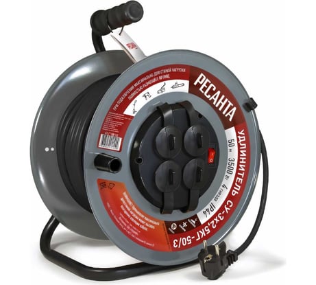 Силовой удлинитель Ресанта на металлической катушке, СУ-3x2,5КГ-50/3 (с выкл., 4 розетки, IP44) 61/118/10