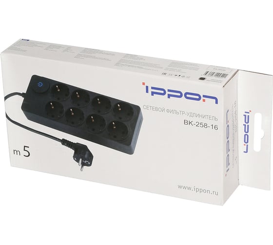 Сетевой фильтр IPPON BK258-16 5 метров, 8 розеток, черный, коробка, 1 штука в упаковке 1192722