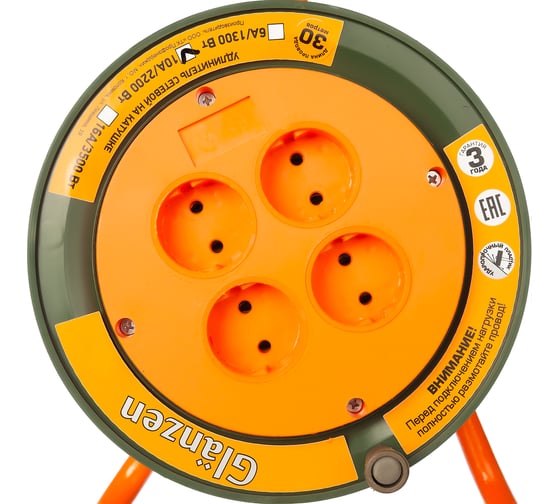 Силовой удлинитель на катушке GLANZEN 4 гн. 30 м ПВС 2x1 EB-30-004 00012291