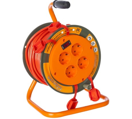 Силовой удлинитель на катушке GLANZEN 4 гн. 30 м ПВС 3x1,5 IP44 EB-30-008 00012295