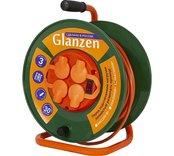 Силовой удлинитель на катушке GLANZEN 4 гн. 30 м ПВС 3x1,5 IP44 EB-30-008 00012295