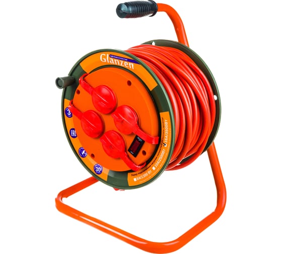 Силовой удлинитель на катушке GLANZEN 4 гн. 30 м ПВС 3x1,5 IP44 EB-30-008 00012295