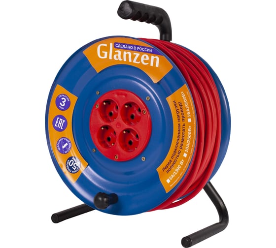 Силовой удлинитель на металлической катушке GLANZEN EB-50-010