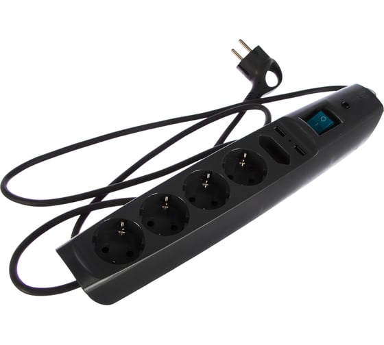 Сетевой фильтр 5 розеток, 2 USB, 2м, с/з, шторками и выключателем, черный, SFU-5es-2m-B ЭРА C0043326
