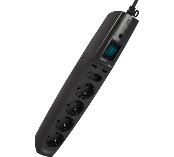Сетевой фильтр 5 розеток, 2 USB, 2м, с/з, шторками и выключателем, черный, SFU-5es-2m-B ЭРА C0043326