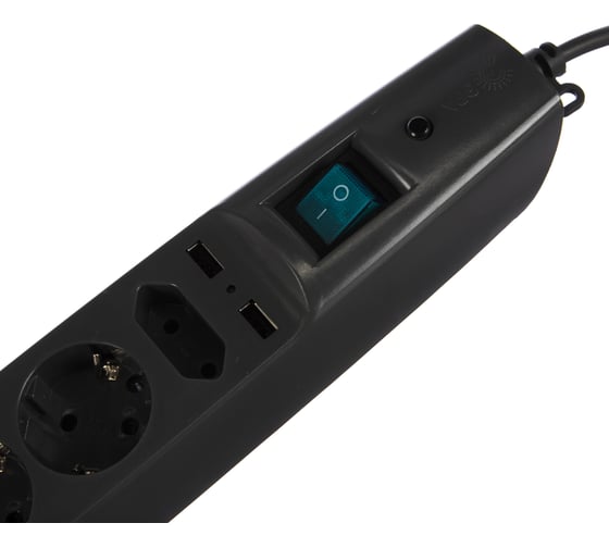 Сетевой фильтр 5 розеток, 2 USB, 2м, с/з, шторками и выключателем, черный, SFU-5es-2m-B ЭРА C0043326