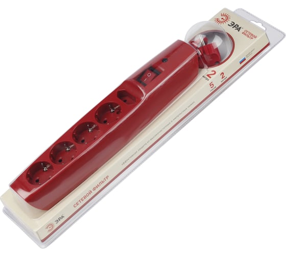 Сетевой фильтр 2м, с/з, красный SFX-5es-2m-R ЭРА Б0002374