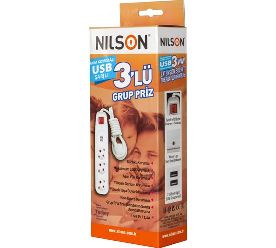 3-местный сетевой фильтр Nilson с заземляющим контактом, 2 порта USB 2,4А, 1,5 м. с выключателем 44134115