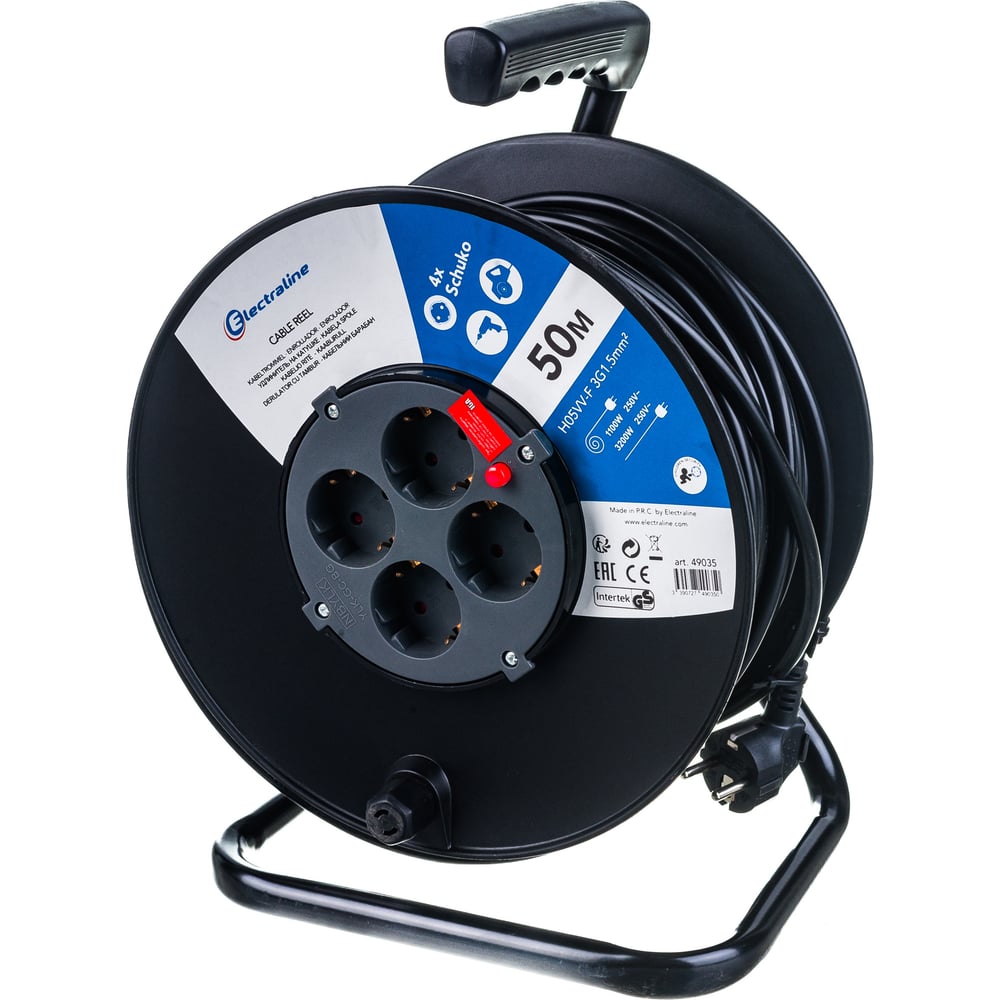 Удлинитель на катушке с защитой от перегрузки, 4 розетки, с заземлением ...