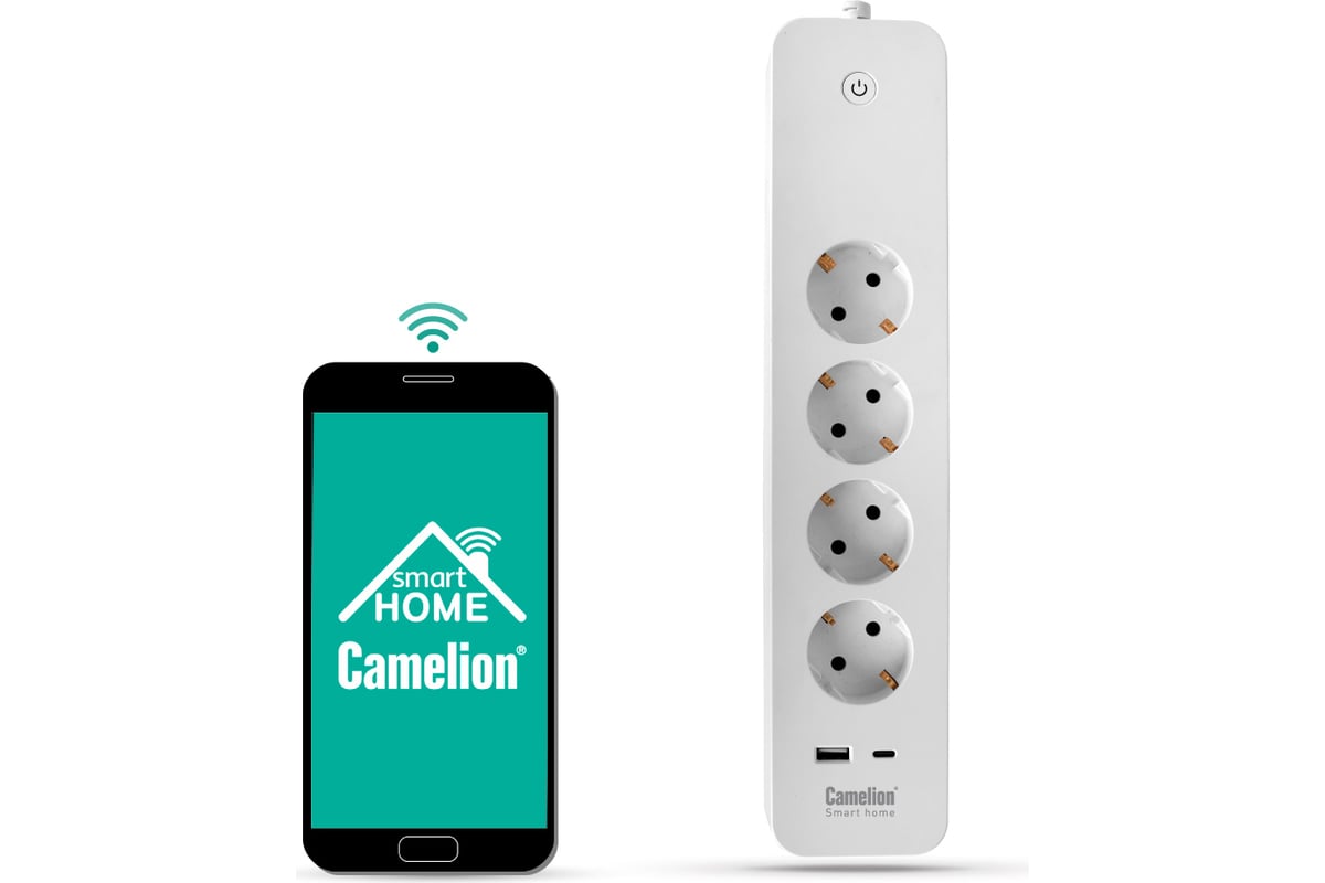 Сетевой фильтр Camelion Smart Home SZD/SH/4x1,5/WIFI (4гнезда 1,5м, 16A  4000В, USB+Type-С, WiFi+Счетчик) 14800 - выгодная цена, отзывы,  характеристики, фото - купить в Москве и РФ