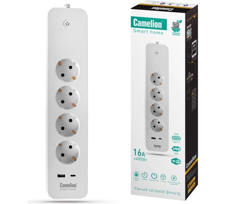 Сетевой фильтр Camelion Smart Home SZD/SH/4x1,5/WIFI (4гнезда 1,5м, 16A 4000В, USB+Type-С, WiFi+Счетчик) 14800