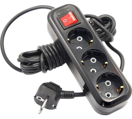 Сетевой удлинитель LUX У3-ЕВК-03 черный с выключателем 3-местный с заземляющим контактом, 250В 16А, 3м 4606400418207