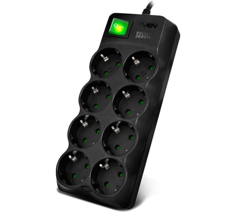 Фильтр SVEN SF-08E-16 5,0 м (8 розеток с защитными шторками,16А) черный, цветная коробка SV-021726
