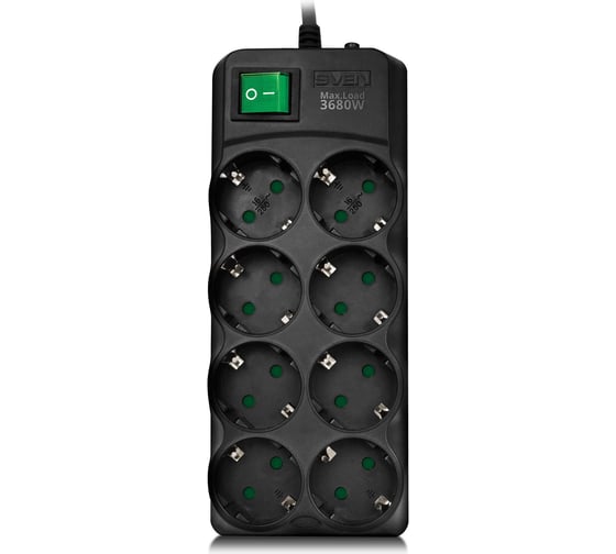 Фильтр SVEN SF-08E-16 5,0 м (8 розеток с защитными шторками,16А) черный, цветная коробка SV-021726