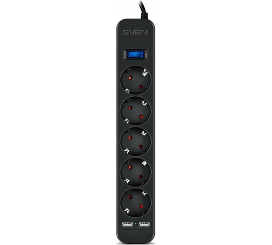Фильтр SVEN SF-05LU 1,8 м (5 евро розеток,2*USB(2.4А)) черный, цветная коробка SV-018832