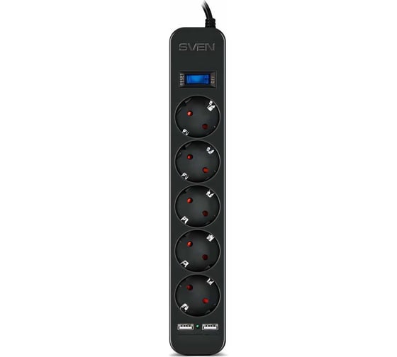 Фильтр SVEN SF-05LU 5.0 м (5 евро розеток, 2*USB(2.4А)) черный, цветная коробка SV-018856