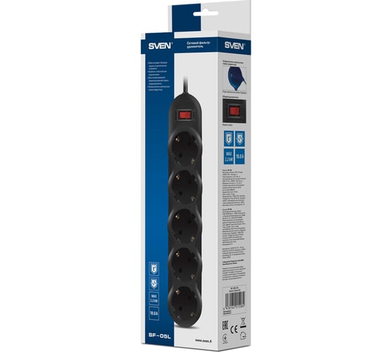 Фильтр SF-05L 1,8 м (5 розеток) черный, цветная коробка SVEN SV-015060