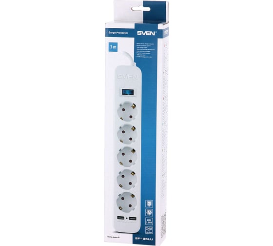 Фильтр SVEN SF-05LU 3,0 м (5 евро розеток,2 USB) белый, цветная коробка SV-017415
