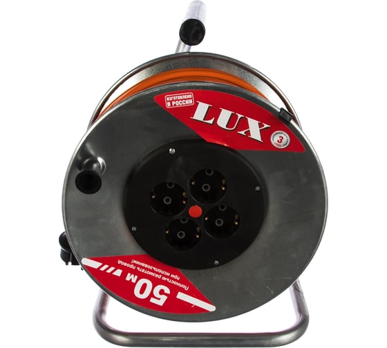 Силовой удлинитель на металлической катушке LUX 40150 К4-Е-50 50м 4 розетки с з/к 4606400419433