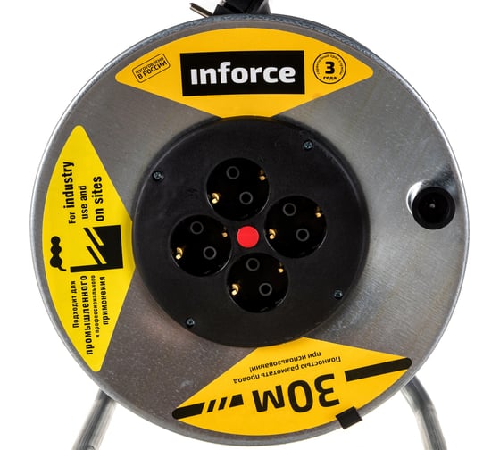 Силовой удлинитель на металлической катушке Inforce К4-Е-30 30 м 4 розетки с з/к 45130