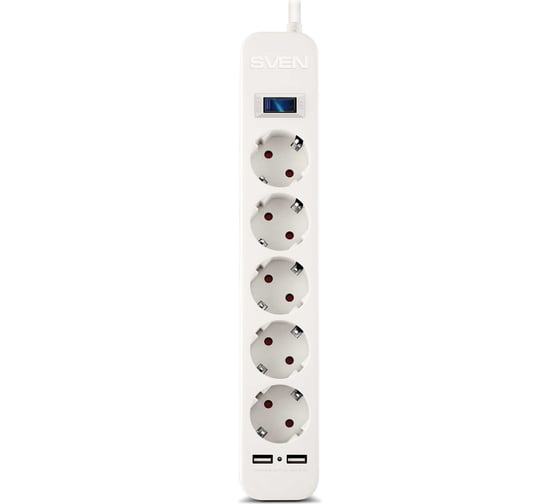 Фильтр SVEN SF-05LU 1,8 м, 5 евро розеток, 2 USB, белый, цветная коробка SV-017392